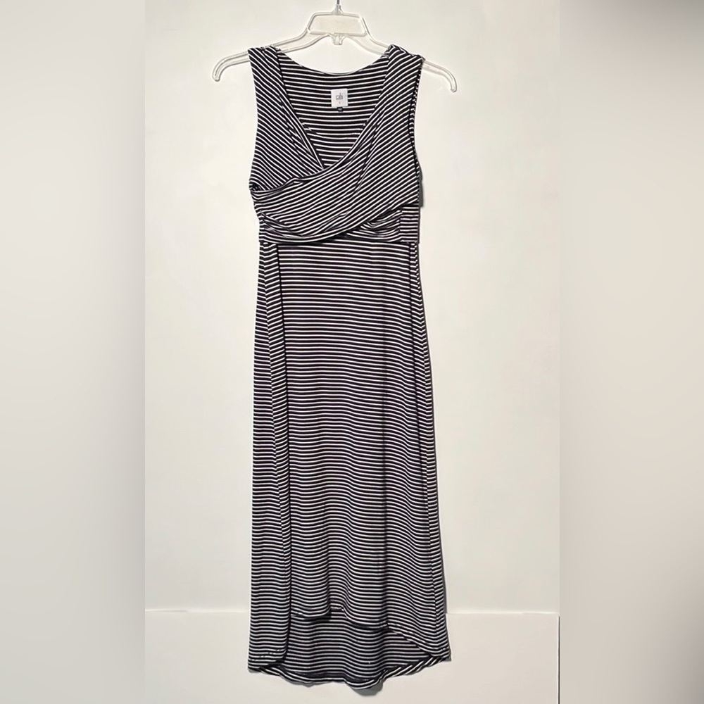 CAbi "Launch" Beachy Nautical Crisscross Overlay Navy/White Stripe Hi-Lo Dress S